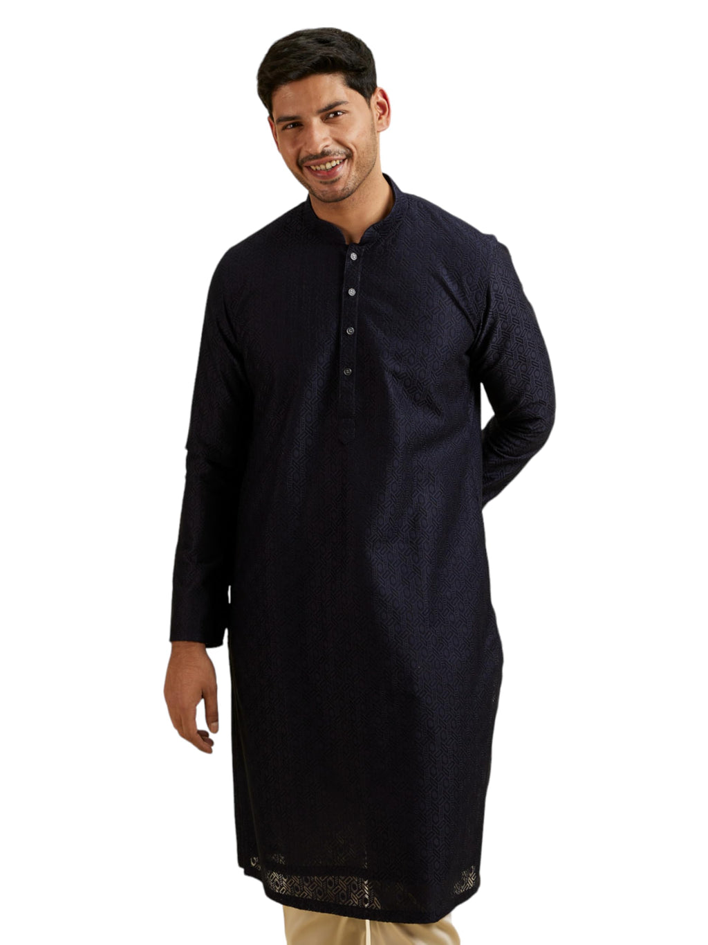 Manyavar Mens Art Silk Jacquard|Cutwork Kurta Pyjama Set (Blue,XXL)