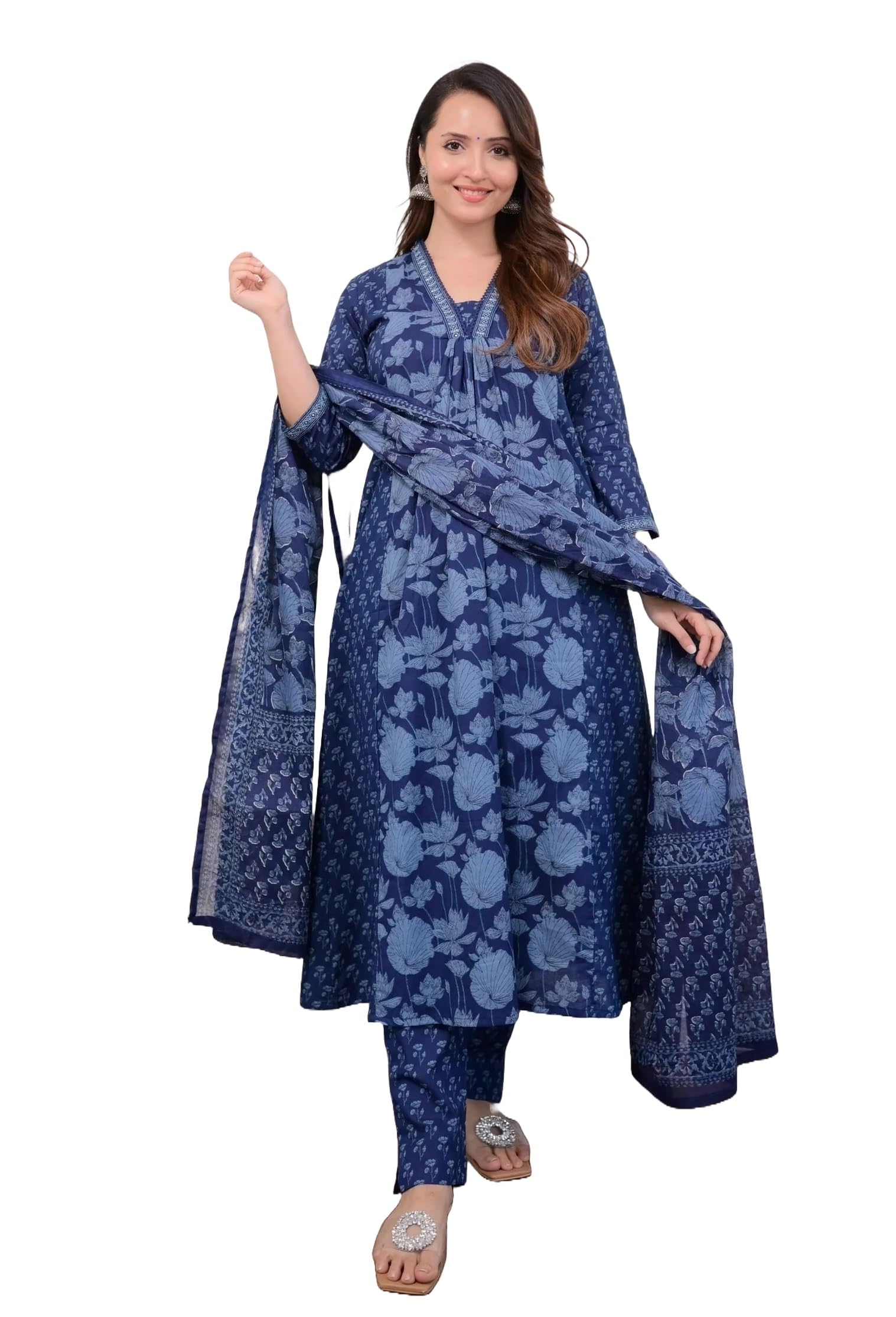 Nermosa Women Printed A-Line Kurta And Pant Set With Duppatta (Small)