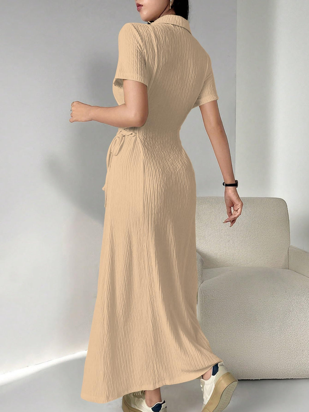 Shasmi Womens Skin Solid Color Applique Lace-Up Collared Short Sleeve, Side-Tie Waist Long Casual Maxi Women Dress Outfit Long E