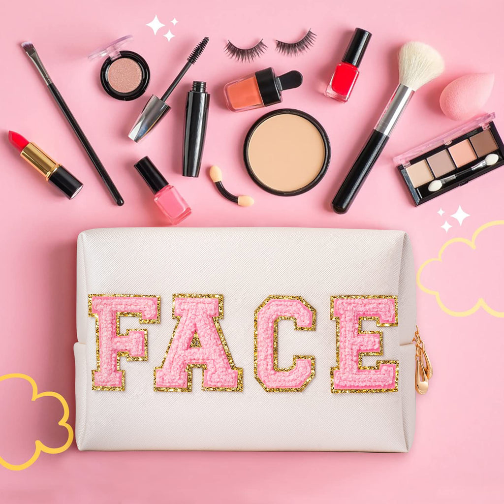 Y1tvei Preppy Patch FACE Letter Cosmetic Toiletry Bag PU Leather Portable Makeup Bag Sewn with Chenille Varsity Letter Patches W