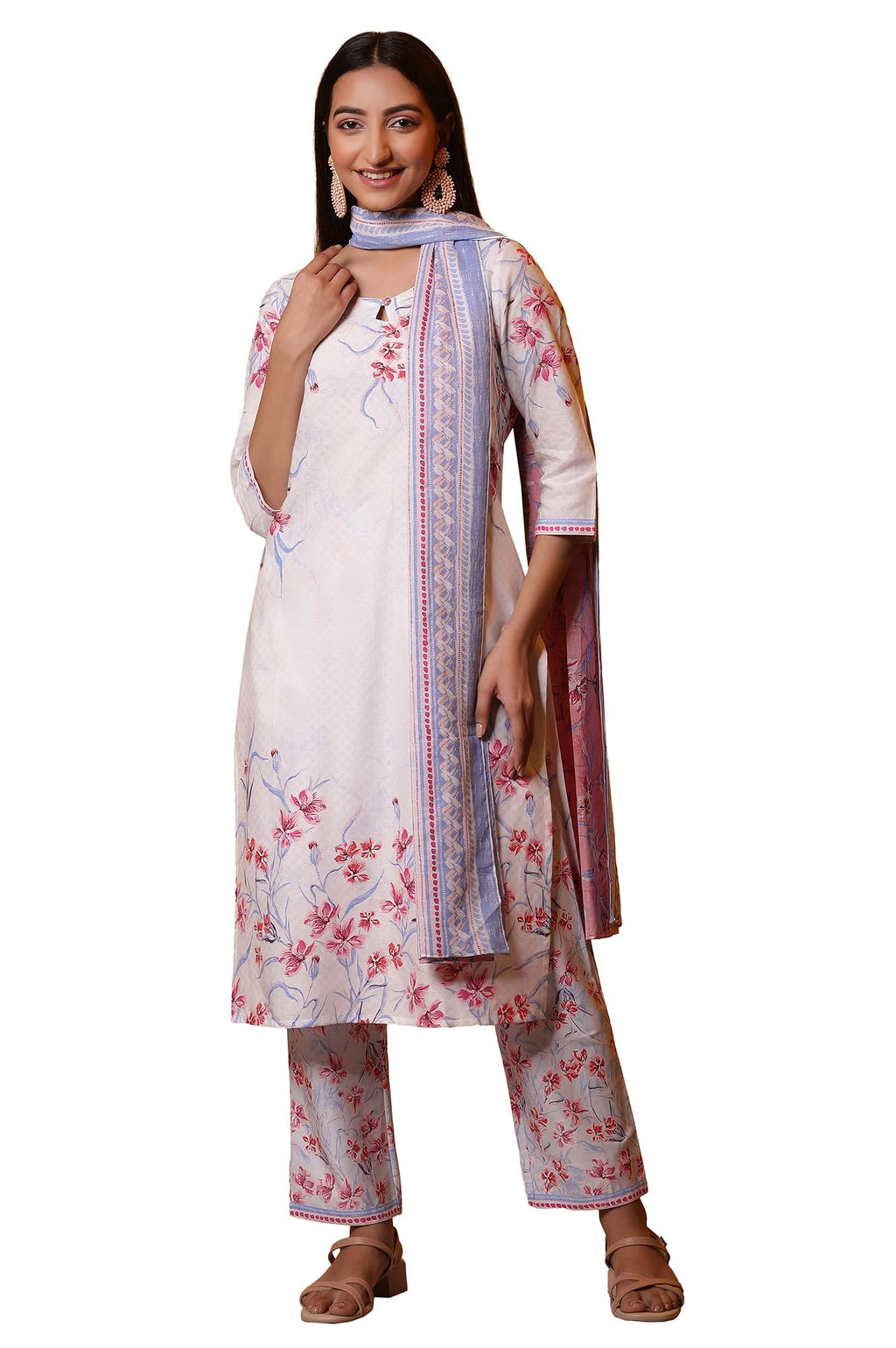 Aurelia White Floral Printed Kurta, Pants And Dupatta Set (Size: Xl)-24Feas14912-508051