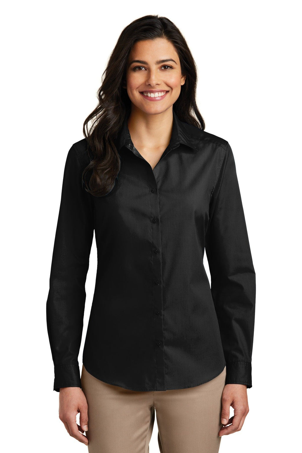 Port Authority Women's Long Sleeve Carefree Poplin Shirt, Deep Black, Large