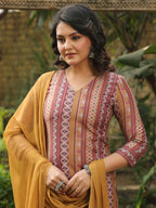 ANNI DESIGNER Ladies Rayon Blend Straight Print Kurta with Trousers and Dupatta, multi-coloured, S