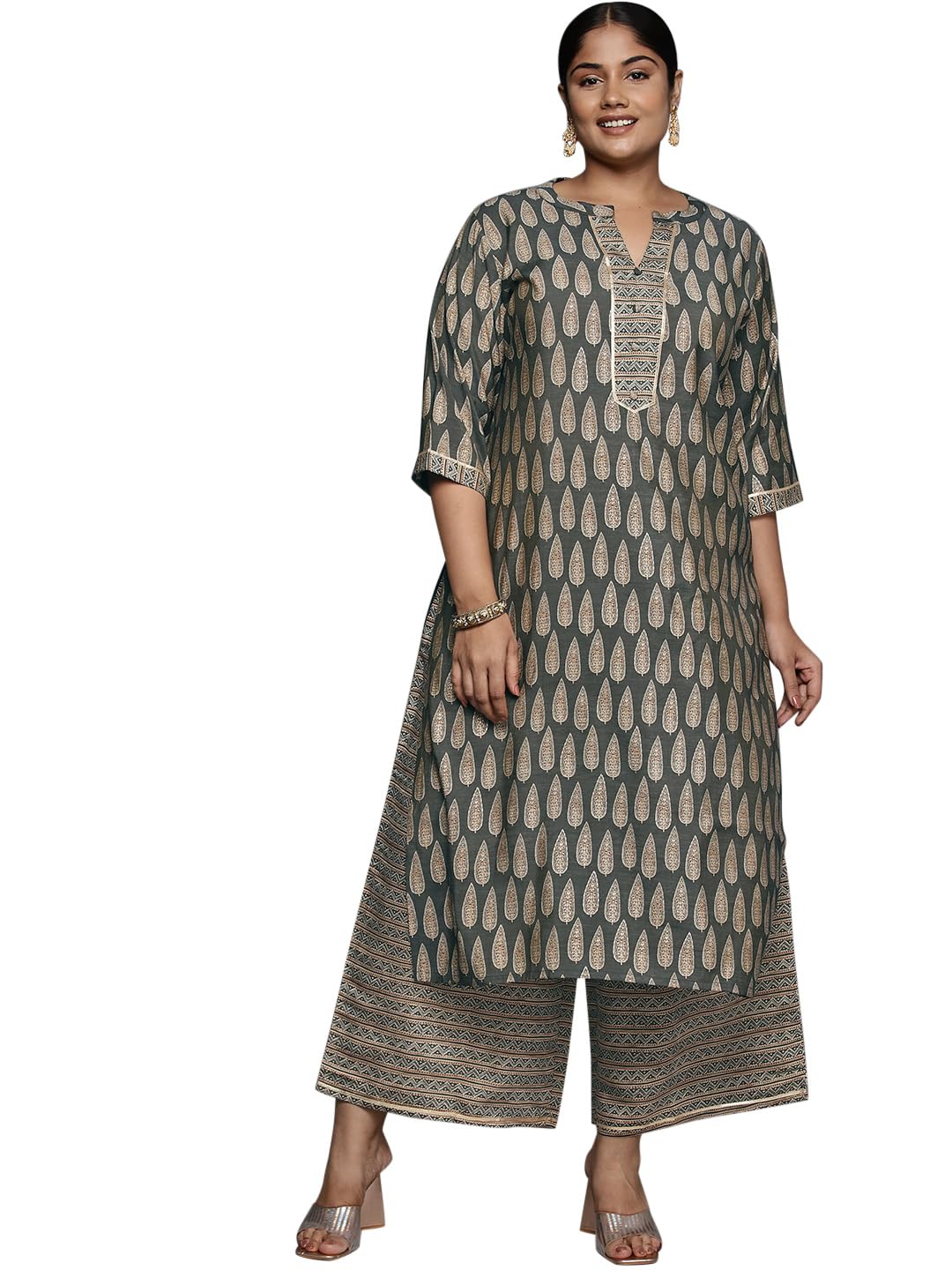 Extra Love By Libas Womens Printed Silk Blend Straight Kurta With Palazzos