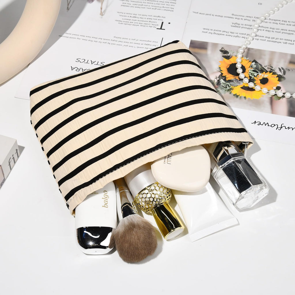SOIDRAM 2 Pieces Makeup Bag Large Stripe Cosmetic Bag Capacity Canvas Mix Travel Toiletry Bag Organizer Cute Makeup Brushes Aest