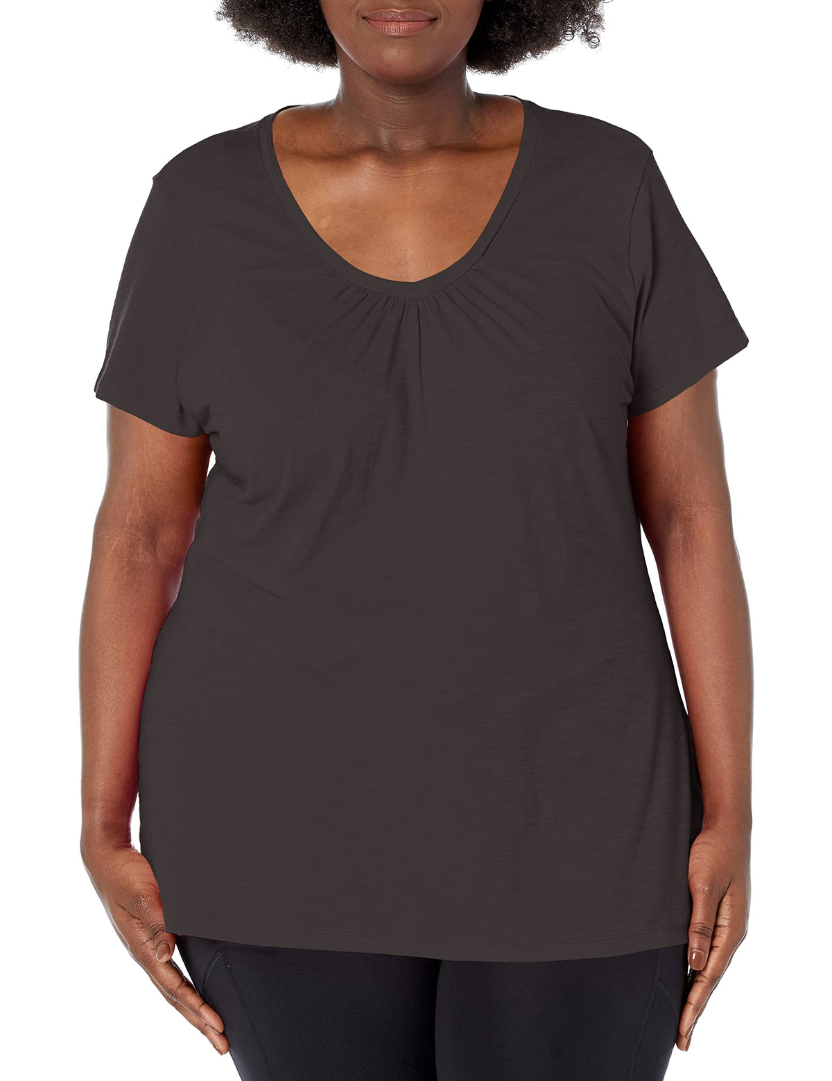 Just My Size WomenS Short Sleeve Shirred VNeck Tee, Black, 1X 1