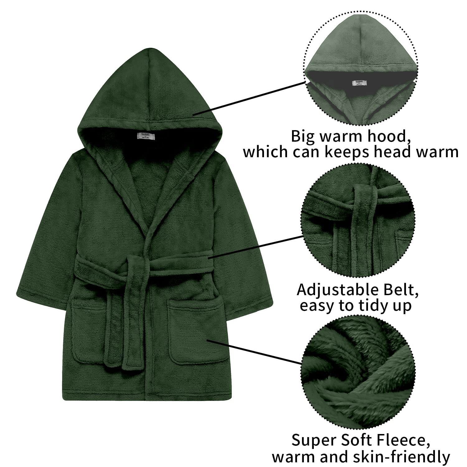V.&GRIN Boys Fleece Robe, Hooded Toddler Soft Fuzzy Bathrobe for Kids 3-14 Years(Olive Green 5-6)