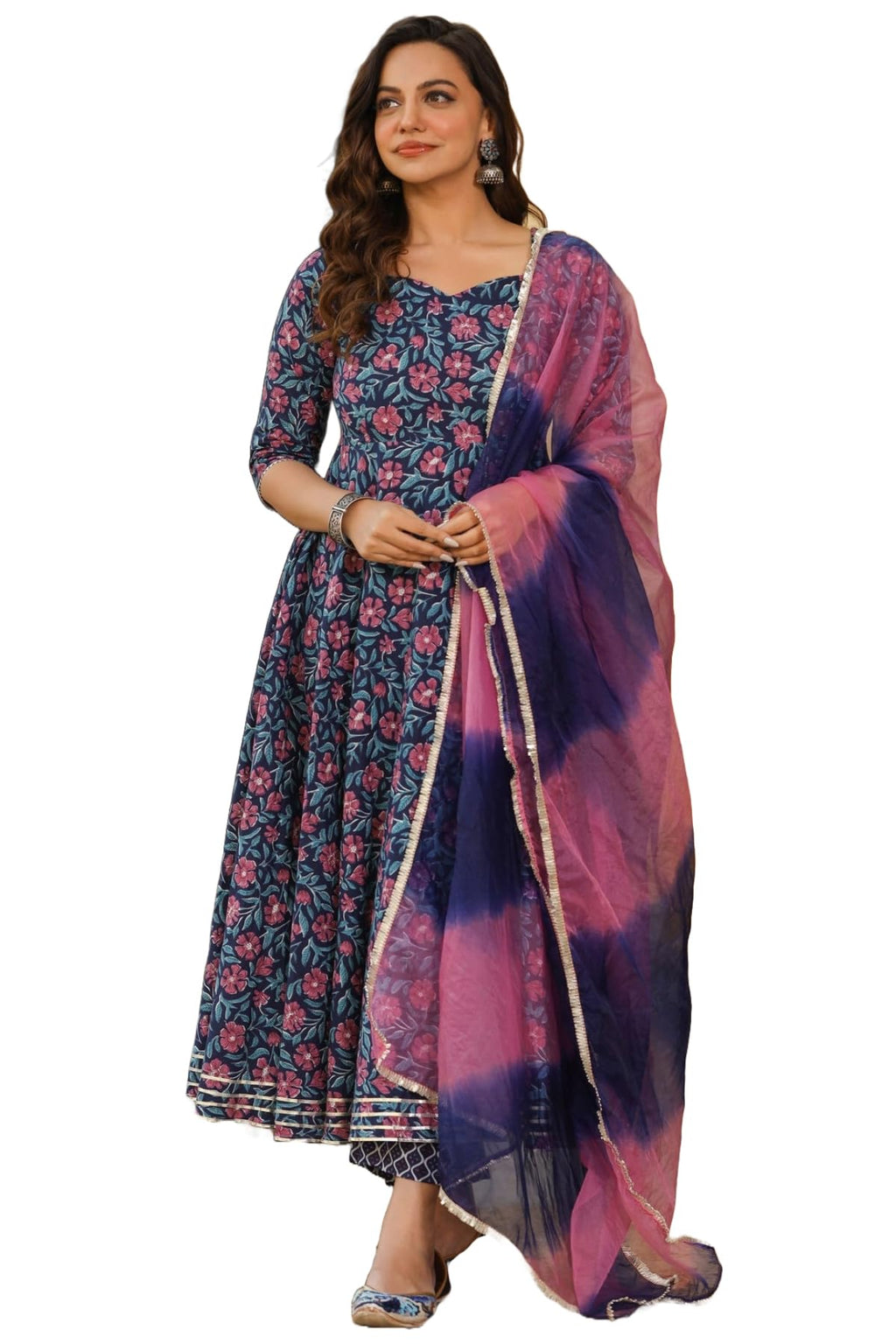 Gosriki Women'S Cotton Blend Anarkali Printed Kurta With Pant & Dupatta (Sakura Blue-Gs_S_Blue_Small)