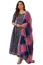 Gosriki Women'S Cotton Blend Anarkali Printed Kurta With Pant & Dupatta (Sakura Blue-Gs_S_Blue_Small)