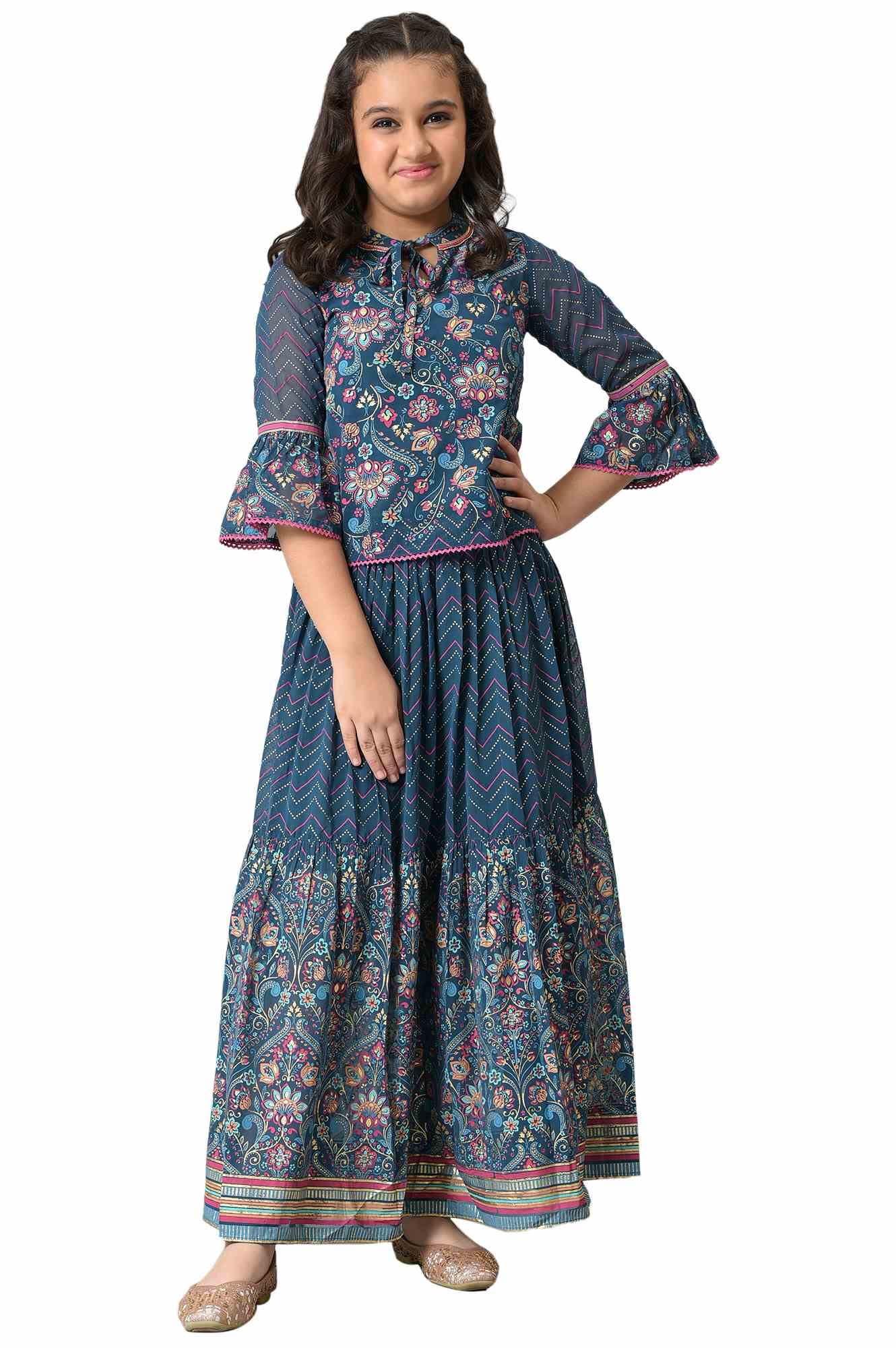 Aurelia Girls Polyester Top & Skirt (22AUG10279B-505734_Blue