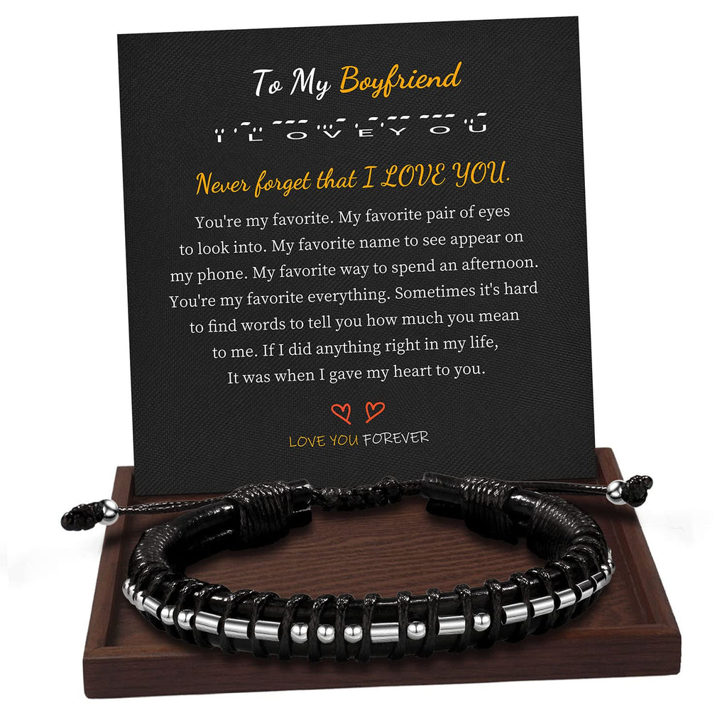 Gifts for Boyfriend Morse Code Bracelets for Men Boyfriend I Love You Gifts for Him Long Distance Black Braided Leather Bracelet
