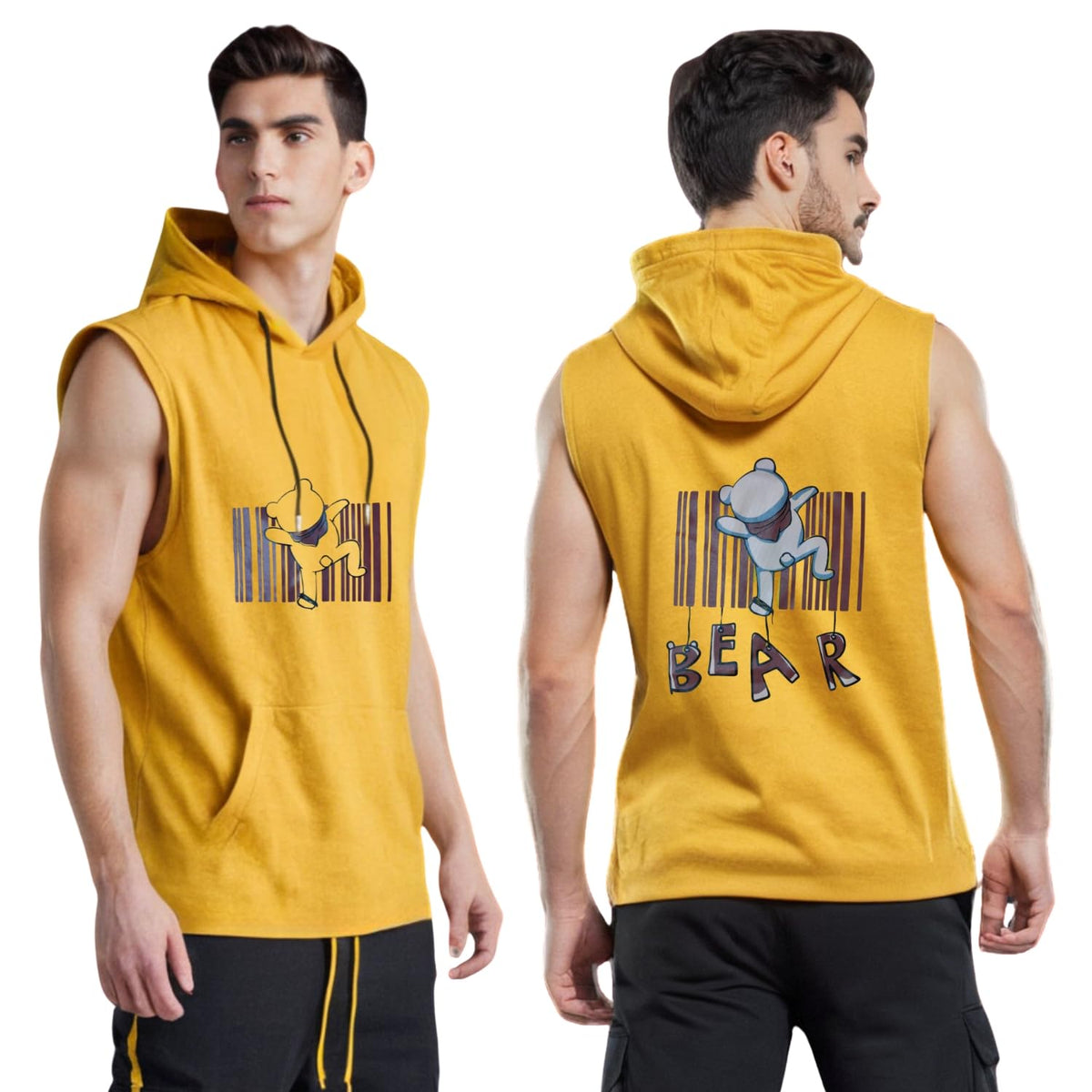 Looks United MenS Hooded Sleeveless Cotton Blend Printed Vest With Kangaroo Pocket Yellow