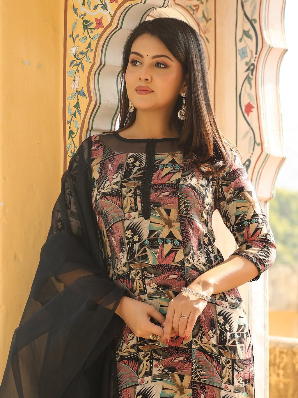 ANNI DESIGNER Ladies Rayon Blend Printed Kurta with Trousers and Dupatta, Black, XL
