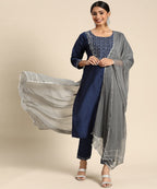 Lookmark Womens Art Silk Kurta And Pant Set With Dupatta Navy Blue-Grey