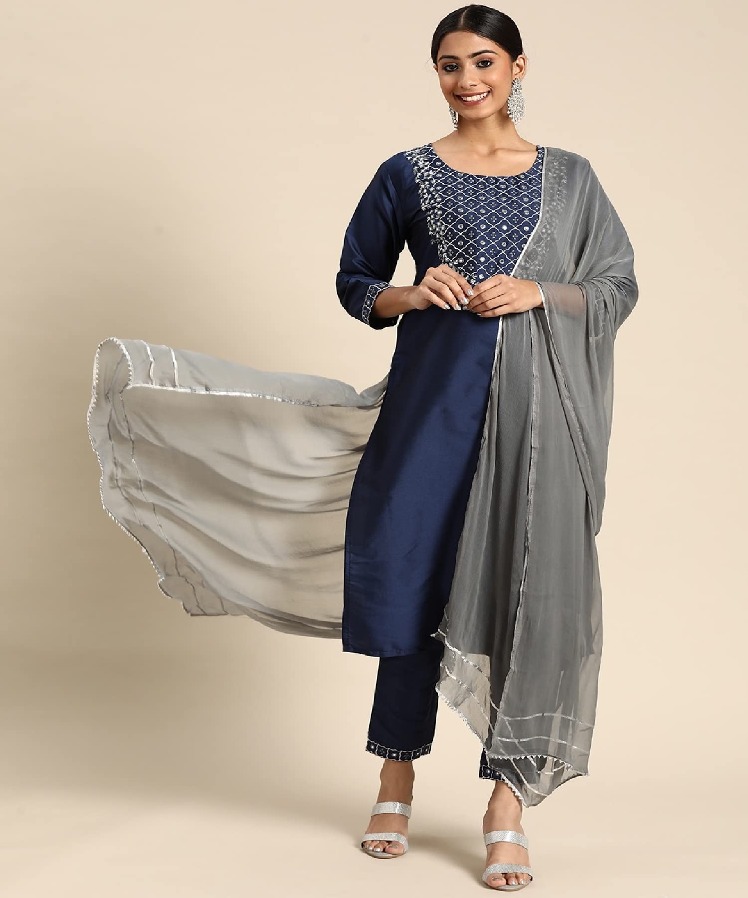 Lookmark Womens Art Silk Kurta And Pant Set With Dupatta Navy Blue-Grey