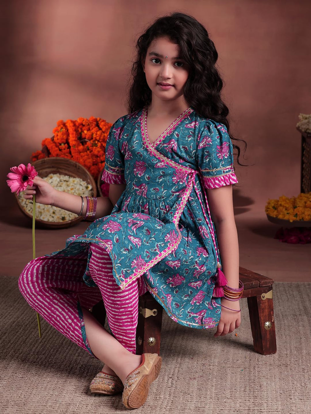 Libas Kids Womens Printed Cotton A-Line Kurta With Dhoti Pant