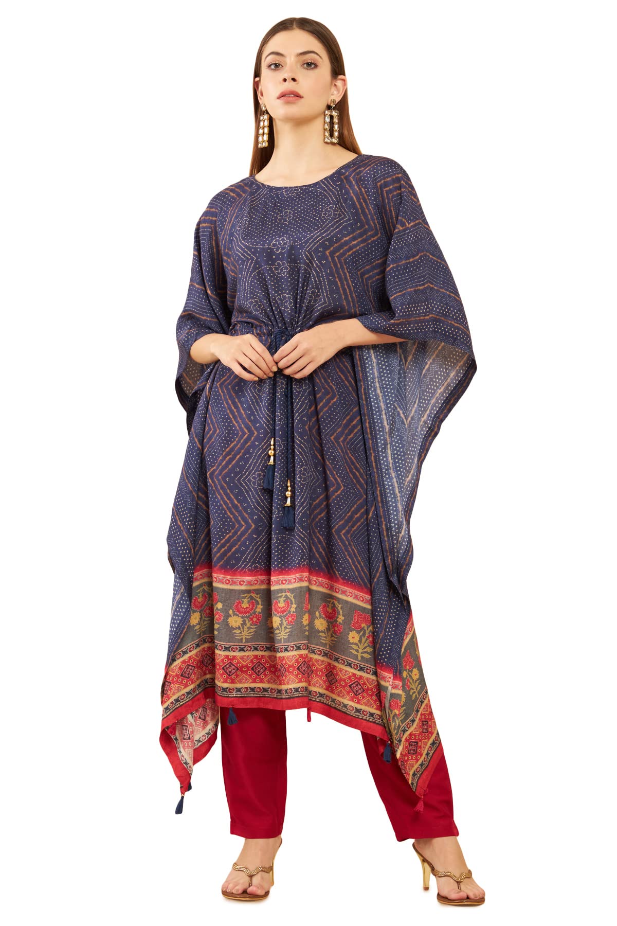 Navy Blue Muslin Printed Kaftan Suit