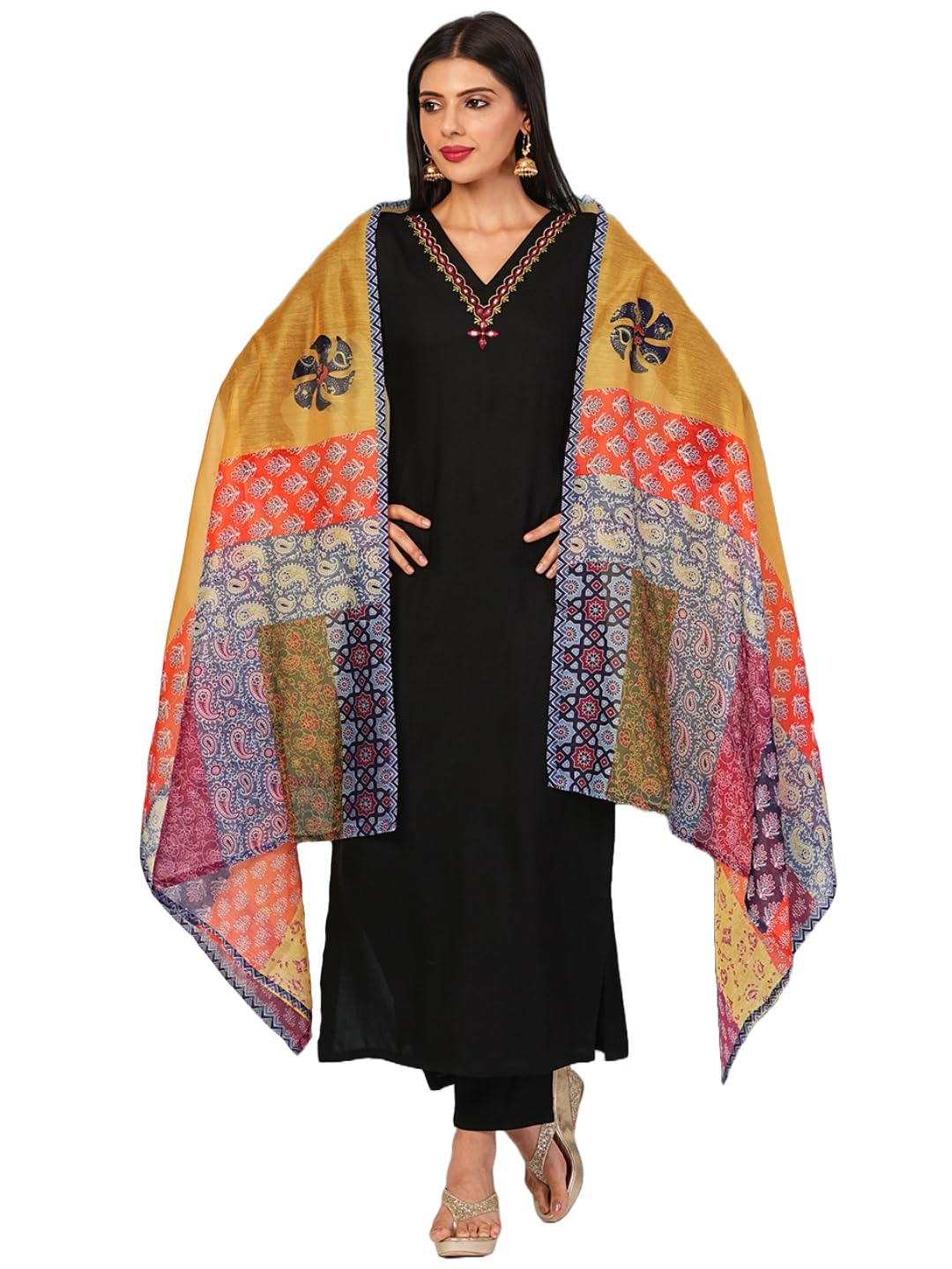 GoSriKi Ladies Cotton Blend Kurta with Trousers and Dupatta, Black, L