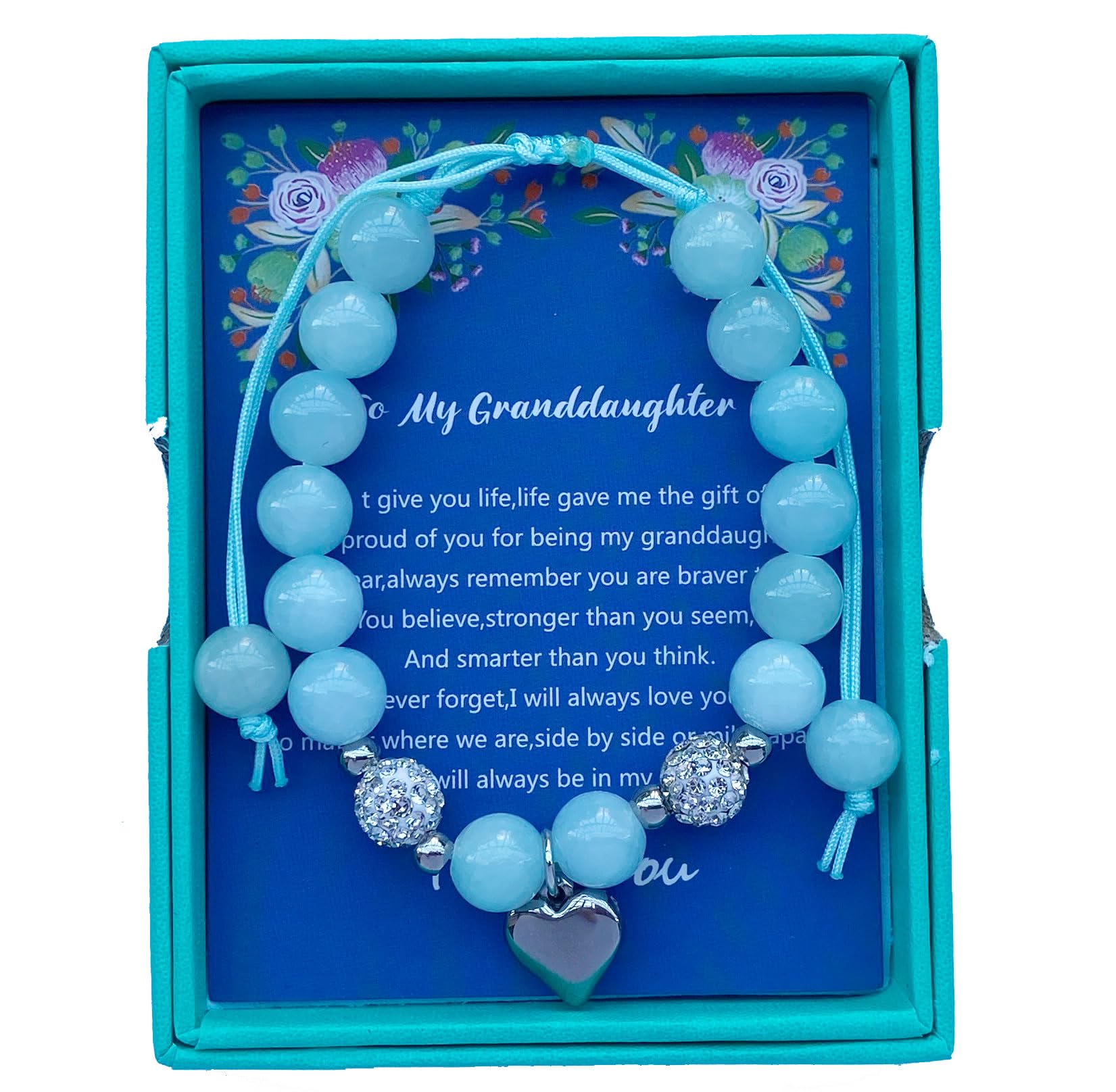 DOLON Blue Glass Beaded Rhinestone Heart Charm Granddaugther Bracelet Jewelry Back to School Birthday Christmas Holiday Gift