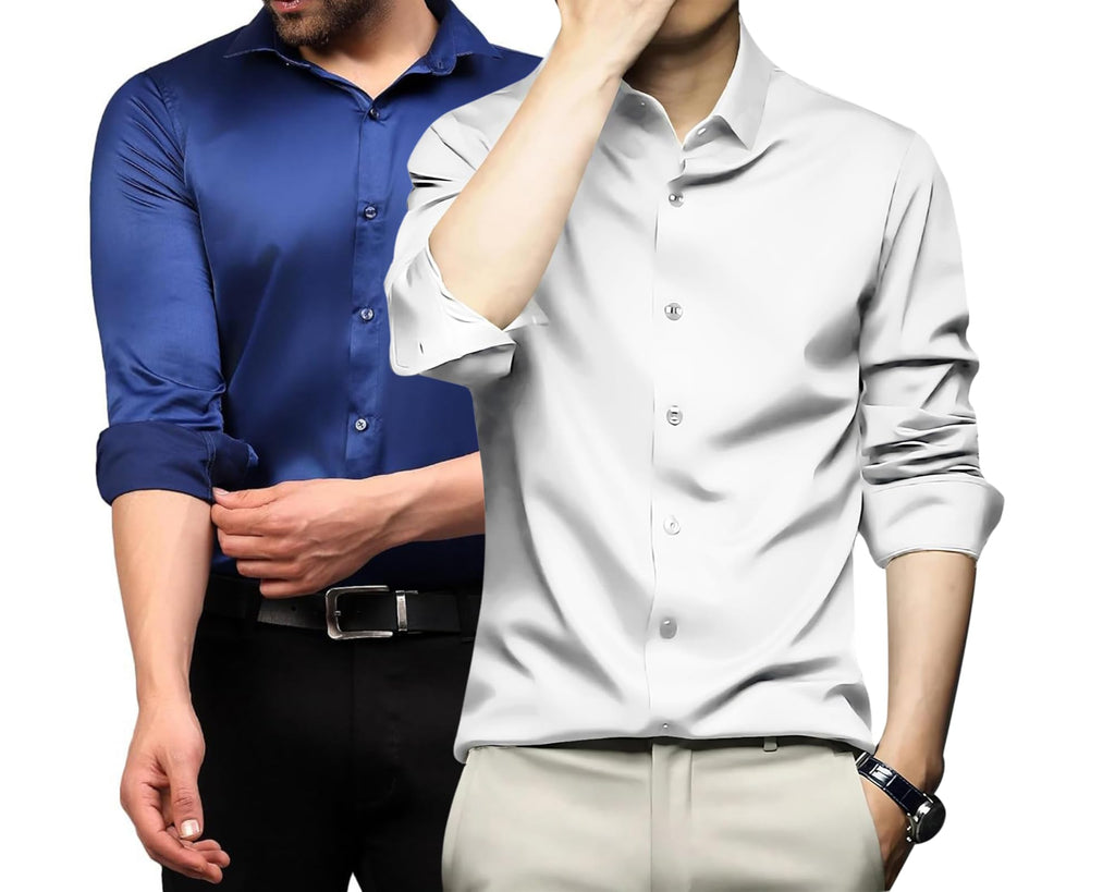 Deelmo Combo Of MenS Stylish Solid Satin Casual Shirt For Men Full Sleeves| Poly Satin Silk Shirt Pack Of 2