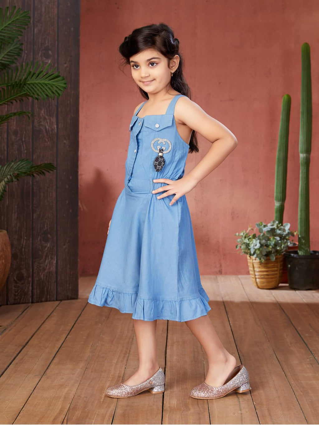 Aarika Girls Blue Colour Solid Denim Middi-(3-11 Years)