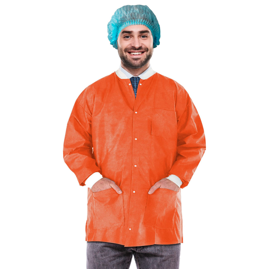 EZgOODZ Disposable Lab Jackets 31 Long Pack of 100 coffee Hip-Length Work gowns Large SMS 50 gsm Shirts with Snaps Front Knit cu