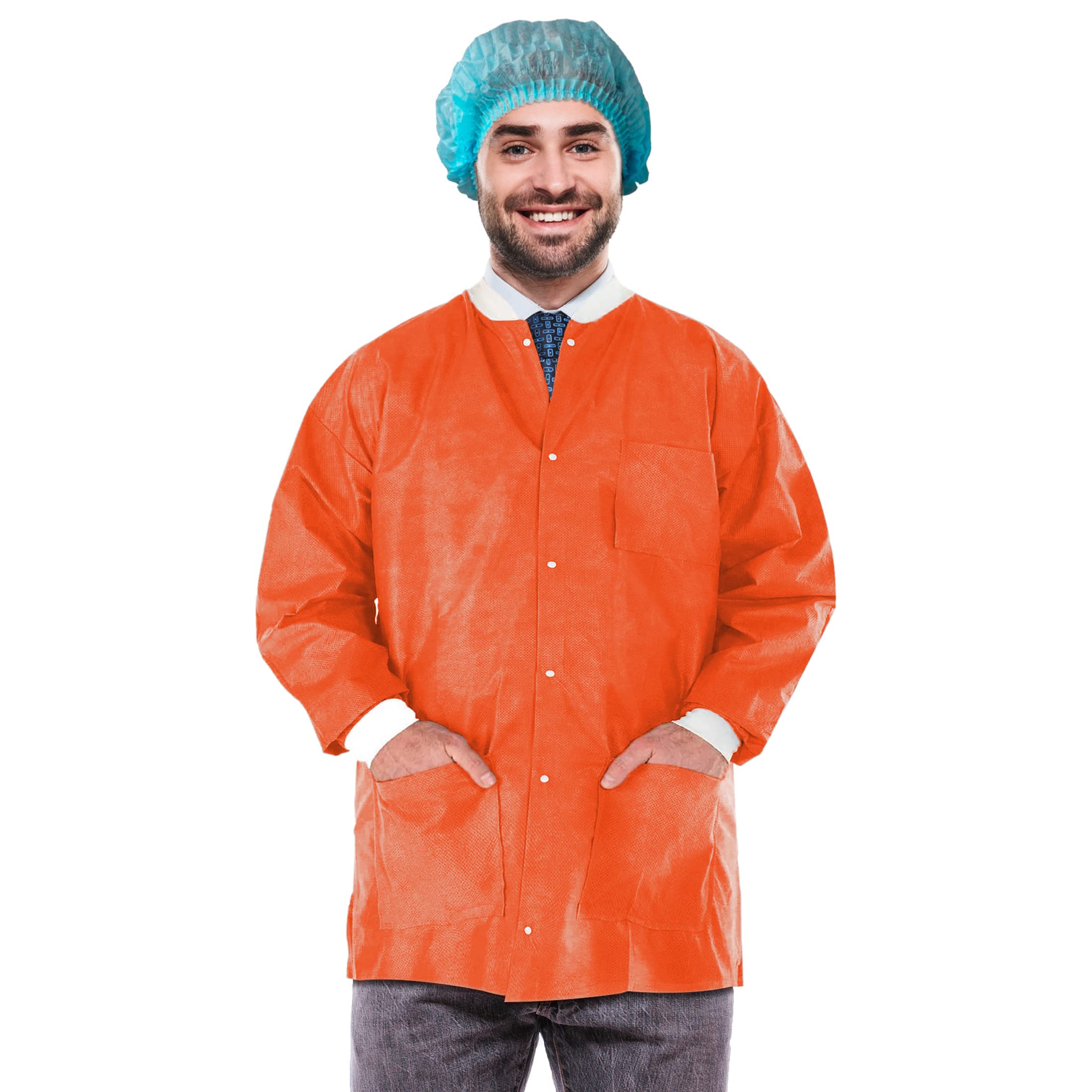 EZgOODZ Disposable Lab Jackets 31 Long Pack of 100 Orange Hip-Length Work gowns Large SMS 50 gsm Shirts with Snaps Front Knit cu