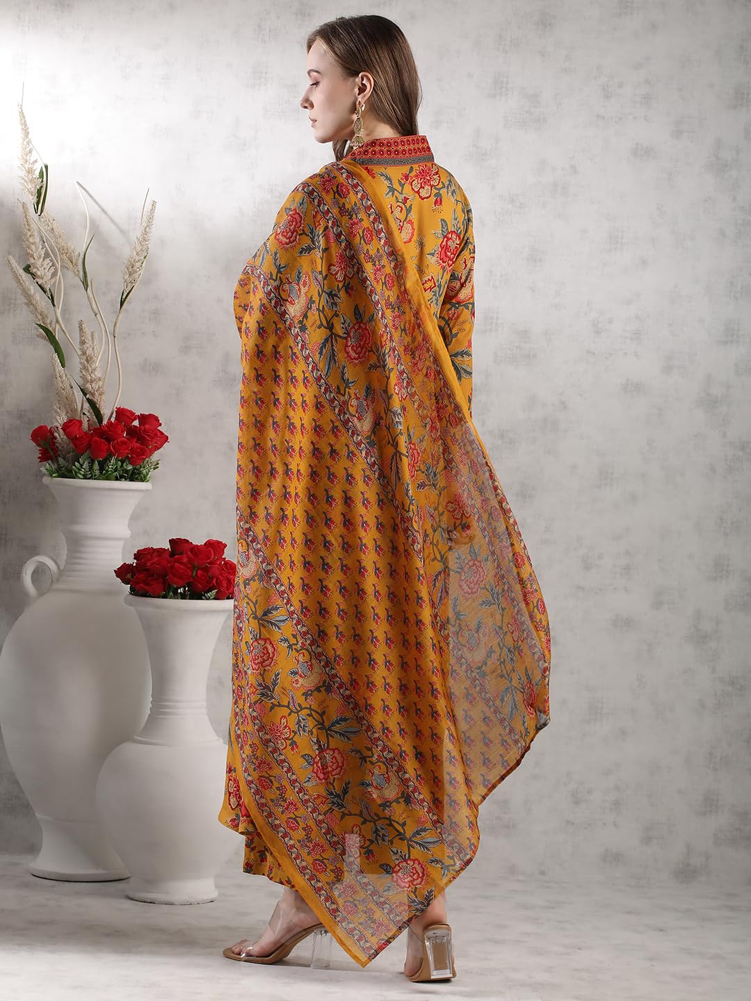 ANNI DESIGNER Women s Anarkali Printed Rayon Blend Palazzo and Dupatta Kurta, Yellow, 3XL
