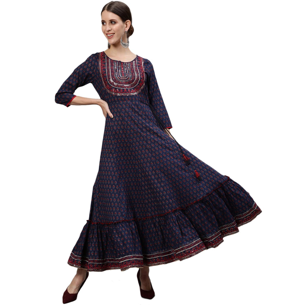 Ishin Women'S Cotton Anarkali Embellished Kurta Khvk-17058_S_Navy Blue