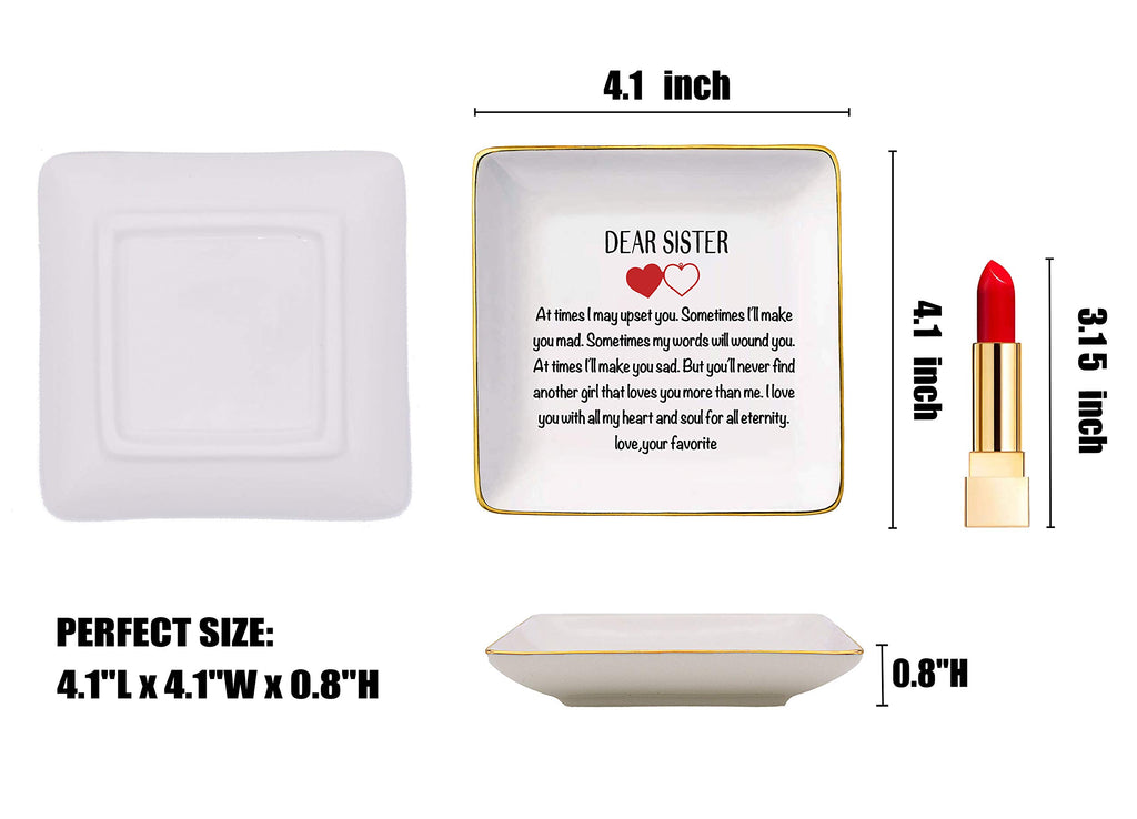 Topthink Dear Sister - Ceramic Jewelry Holder Ring Dish Trinket Tray - Christmas Birthday Graduation Gifts for Sister, Soul Sist