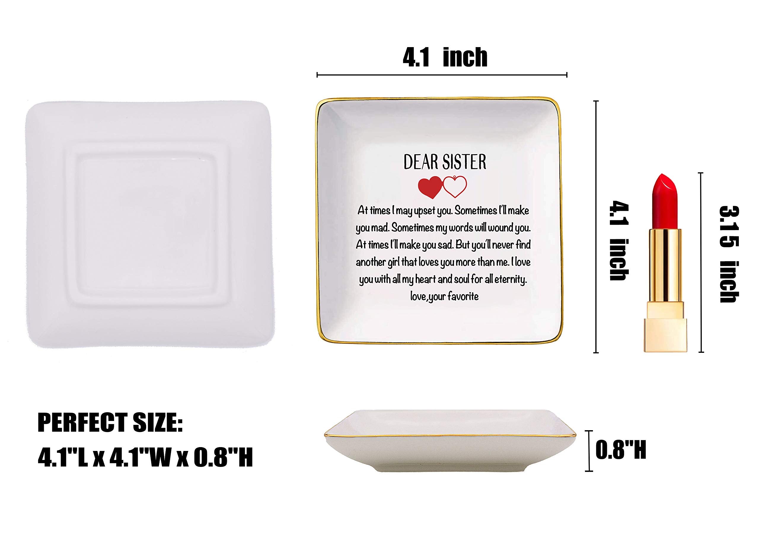 Topthink Dear Sister - Ceramic Jewelry Holder Ring Dish Trinket Tray - Christmas Birthday Graduation Gifts for Sister, Soul Sist
