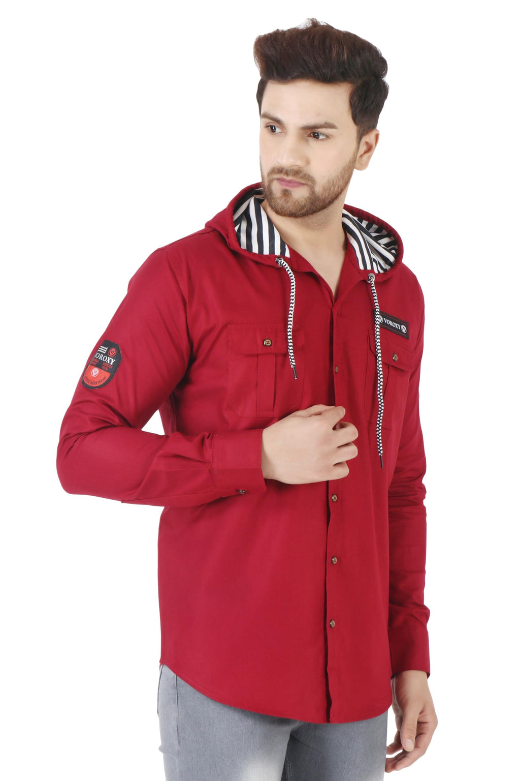 Besix MenS Red Tailored Fit Cotton Blend Shirt For Man With Hoodie - Casual Long Sleeve Shirt With Pockets - Patch Detail For S