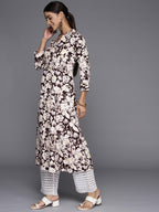 Varanga Brown Floral Printed Mandarin Collar With Slit, Three Quarter Sleeves, Empire Line Gather Detail A-Line Kurta With Side Slits