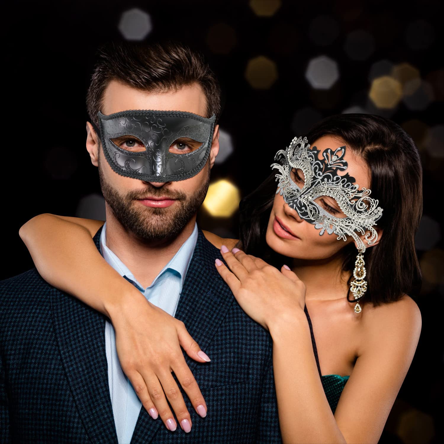 Couple Masquerade Metal Masks Venetian Halloween Costume Mask Mardi Gras Mask Cosplay Party Costume Ball Wedding Party Mask (Bla
