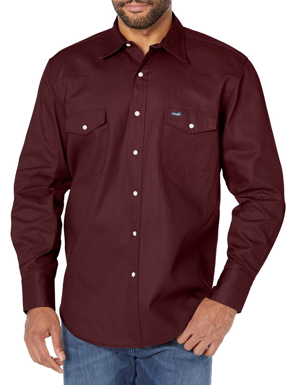 Wrangler Mens Cowboy Cut Western Two Pocket Long Sleeve Snap Work Shirt - Firm Finish - B&T,Red Oxide,X-Large Tall
