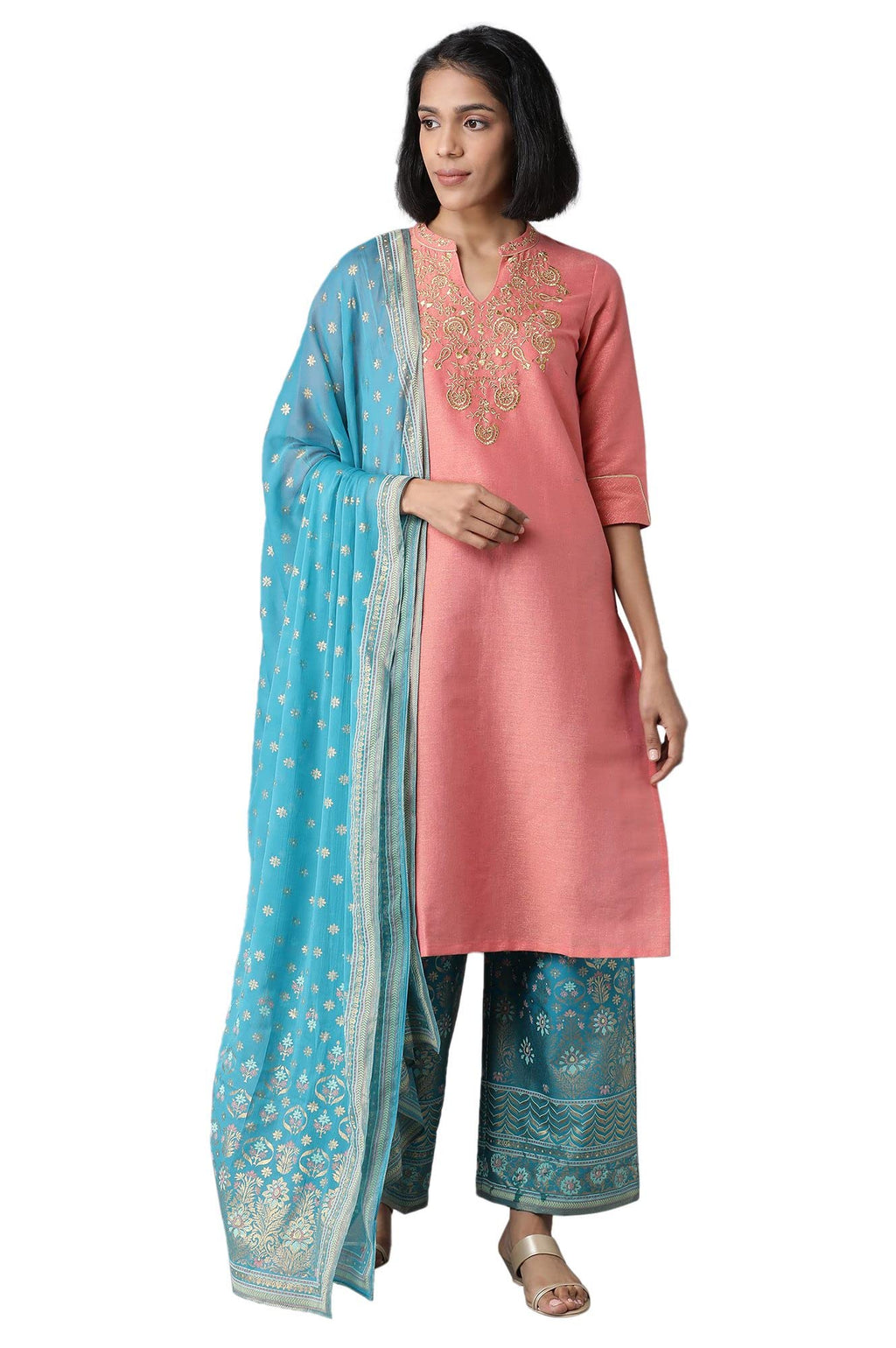 Aurelia Women'S Rayon Blend Kurta, Palazzo & Dupatta (21Auas12434-702246_Peach_S)