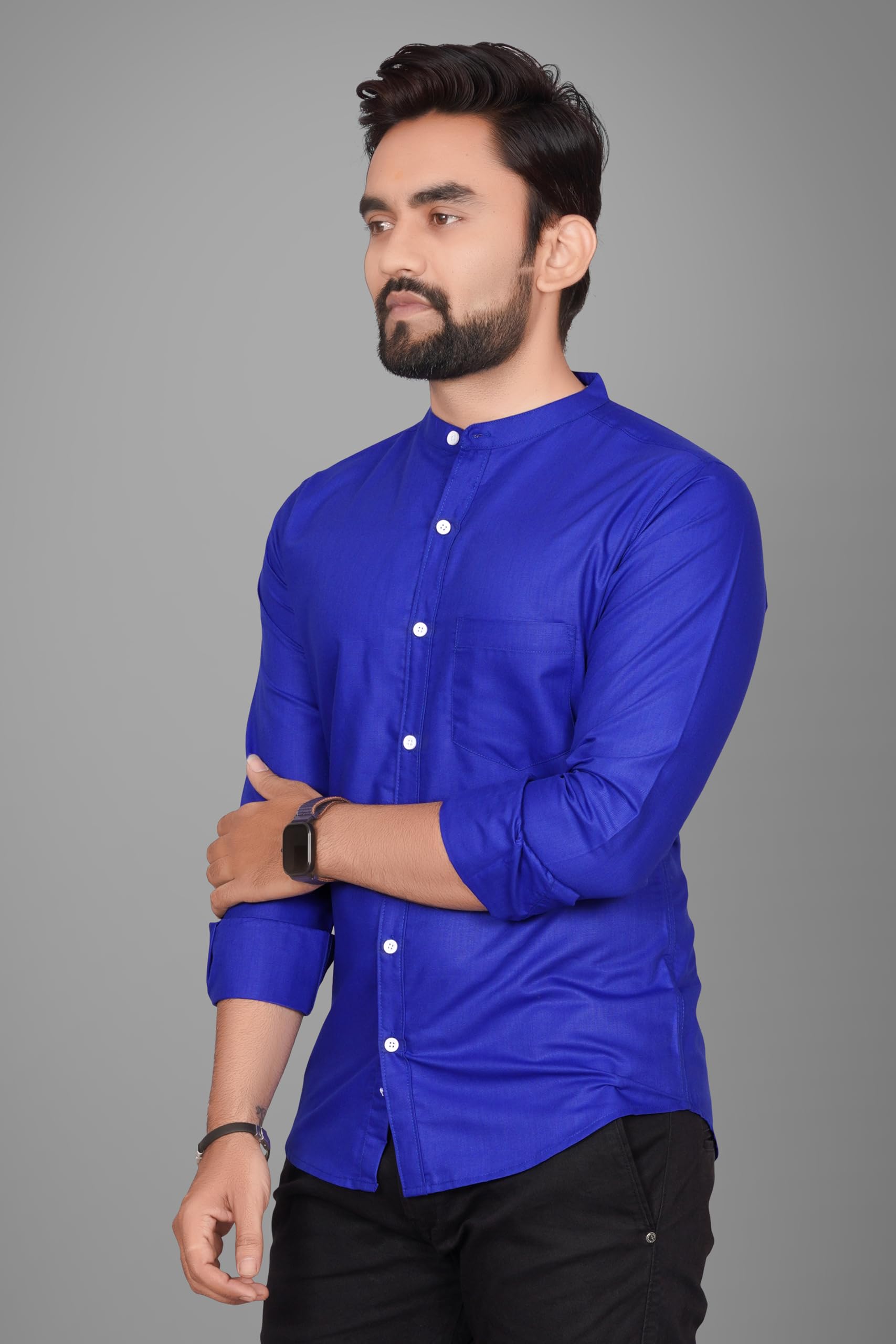 Besix MenS Regular Fit Solid Cotton Shirt | Chinese Collar | Casual | Plain | Branded | Mandarin Collar | Full Sleeve | Summer