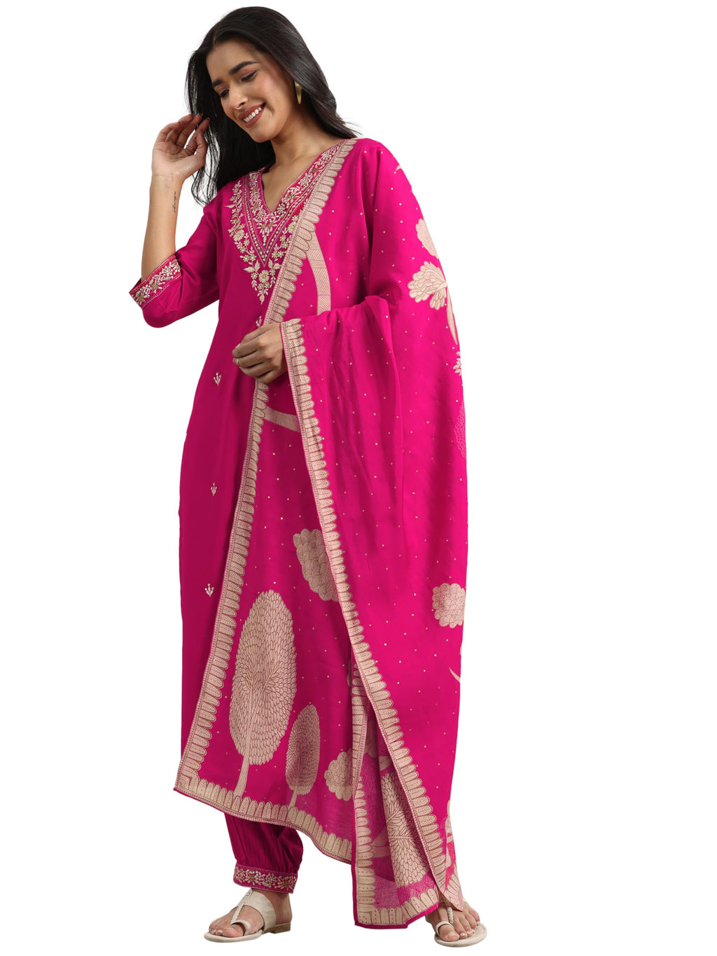 Libas Womens Embroidered Viscose Straight Kurta With Salwar And Dupatta
