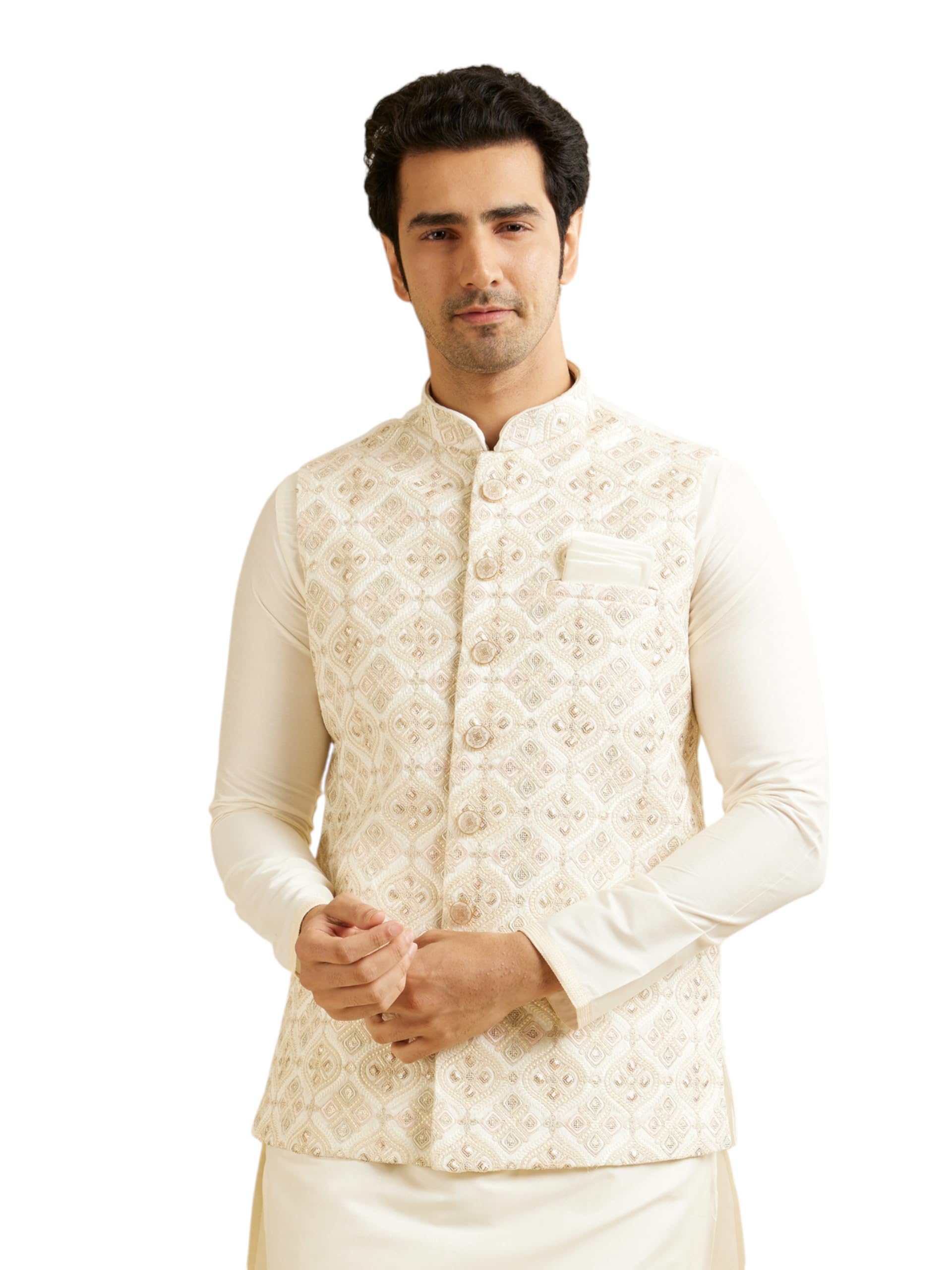 Manyavar MenS Art Silk Digital Print Nehru Jacket (Warm White,M)