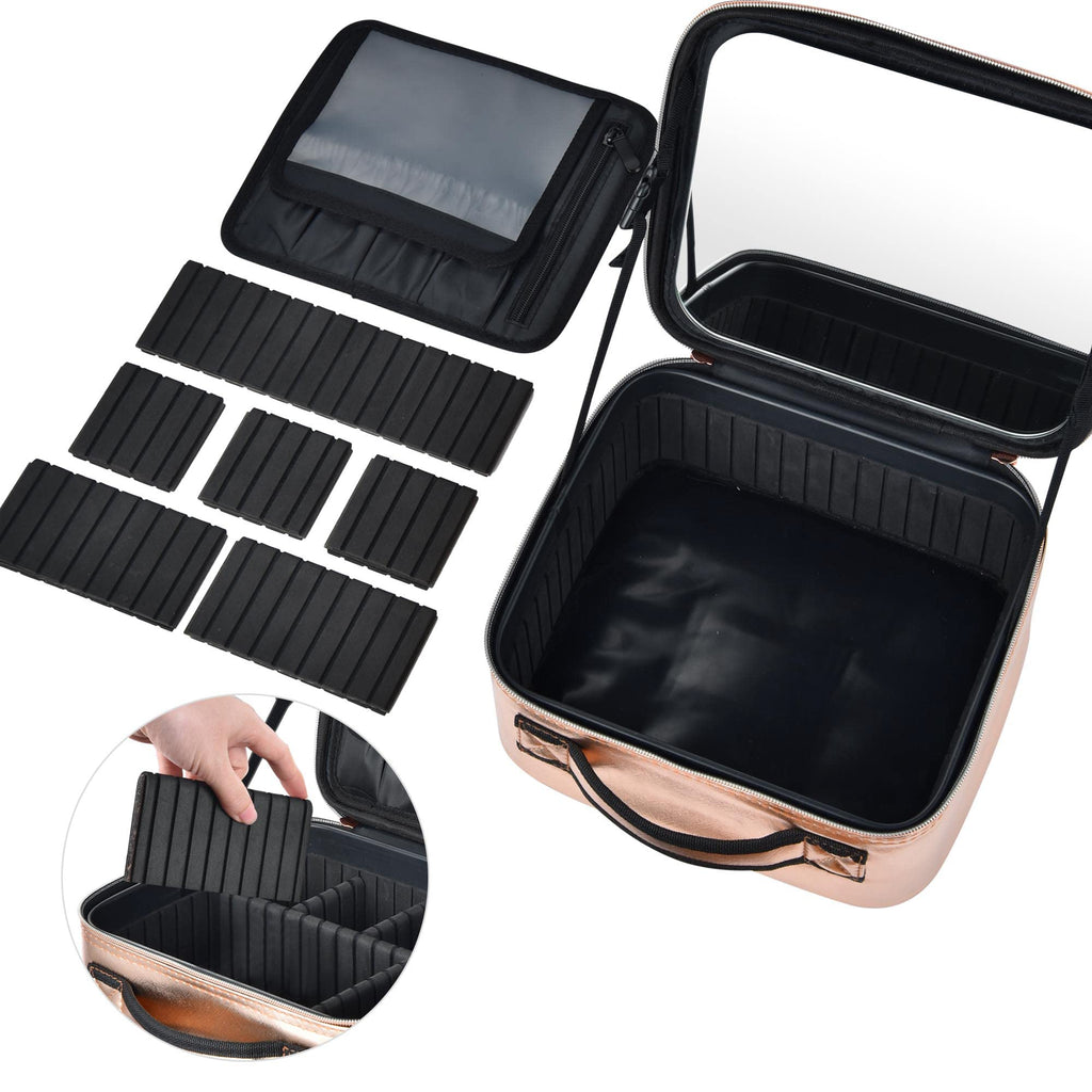 BYOOTIQUE Large Makeup Bag Travel Portable Cosmetic Storage Case with Mirror & Adjustable Dividers Organizer for Cosmetics Makeu
