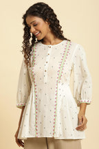 W Off White Embroidered Cotton Tunic Top for Women