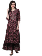 Ishin Women'S Pure Cotton A-Line Embroidered Sequinned Floral Print Burgundy Kurta Suit Set With Sharara Kplprammp-7039_S_Burgun