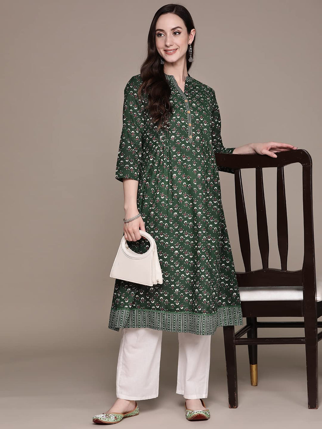 Anubhutee Women'S Cotton Green Ethnic Motifs Printed A-Line Kurta