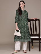 Anubhutee Women'S Cotton Green Ethnic Motifs Printed A-Line Kurta