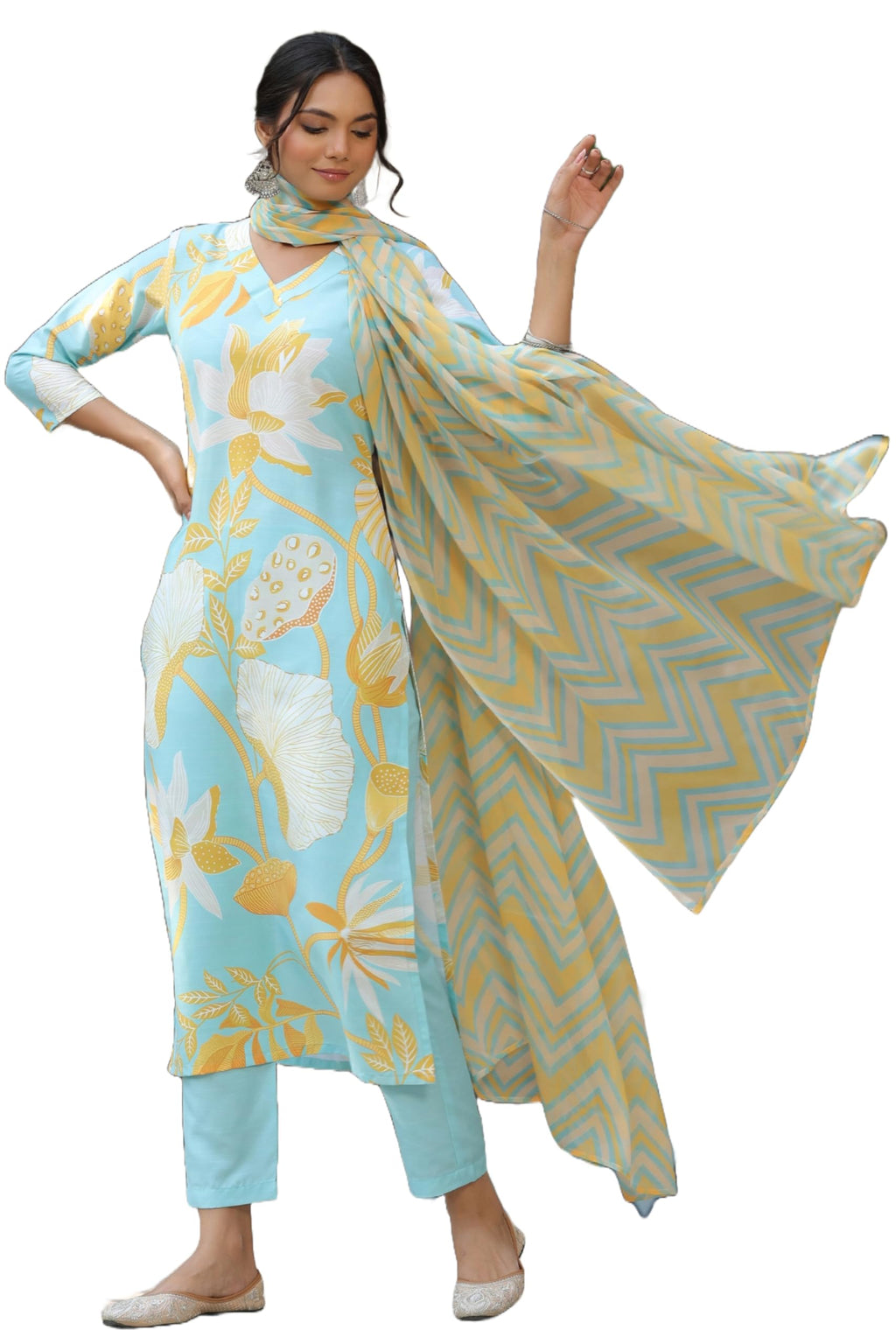 ANNI DESIGNER Womens Cotton Blend Straight Printed Kurta with Pant & Dupatta (Sohini Pista-BFD_L_Pista_Large)