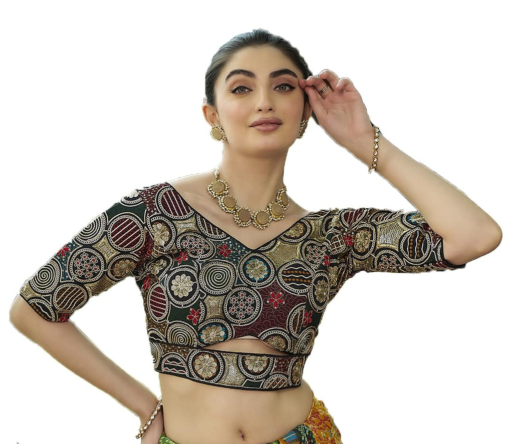 Pujia Mills WomenS Blouse Readymade Embroidery Multicoding Gold Thread And Multicolor Dhaga Work Handwork Readymade Saree Blous