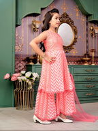 Aarika Girls Ethnic Wear Pink Colour Beads Sequins Embroidery Georgette Kurti Sharara Set (5-16 Years)