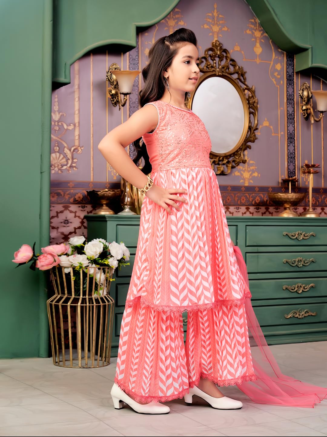 Aarika Girls Ethnic Wear Pink Colour Beads Sequins Embroidery Georgette Kurti Sharara Set (5-16 Years)