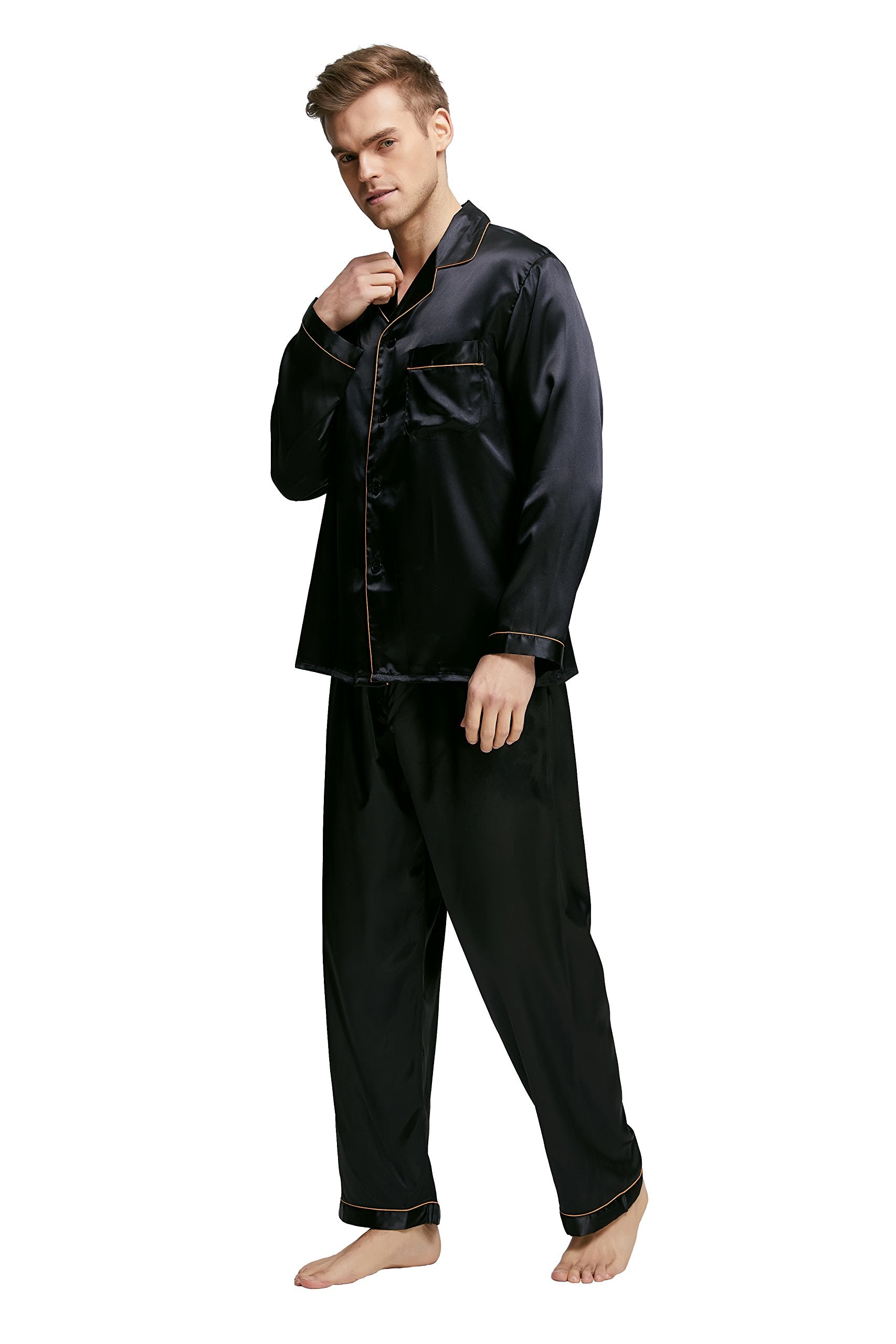 TONY & CANDICE Men's Classic Satin Pajama Set Sleepwear (X-Large, Black with Golden Piping)