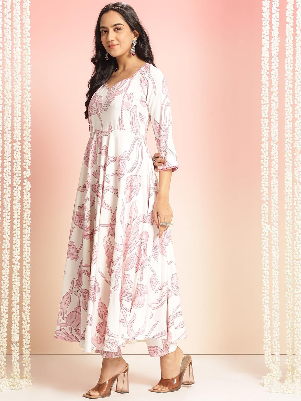ANNI DESIGNER Womens Rayon Viscose Anarkali Printed Kurta with Pant (Rishiva Cream_XL_Cream_X-Large)